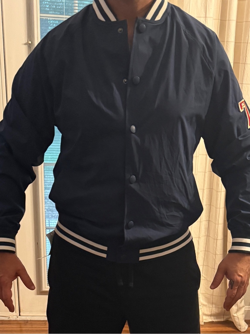 Bike Men's Navy Varsity Bomber Jacket with Stripe Trim
